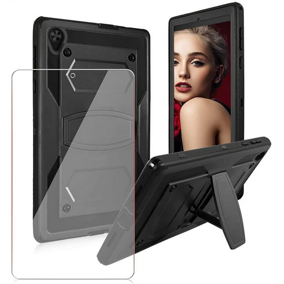 Soatuto for Alcatel Joy Tab 2 / TCL Tab 9048S 8 inch Case with Screen Protector, Rugged Sturdy Armmor Cover And Tempered Glass Screen Protector For Alcatel Joy Tab 2 2020 TCL Model 9048S - Black 1 Pcs