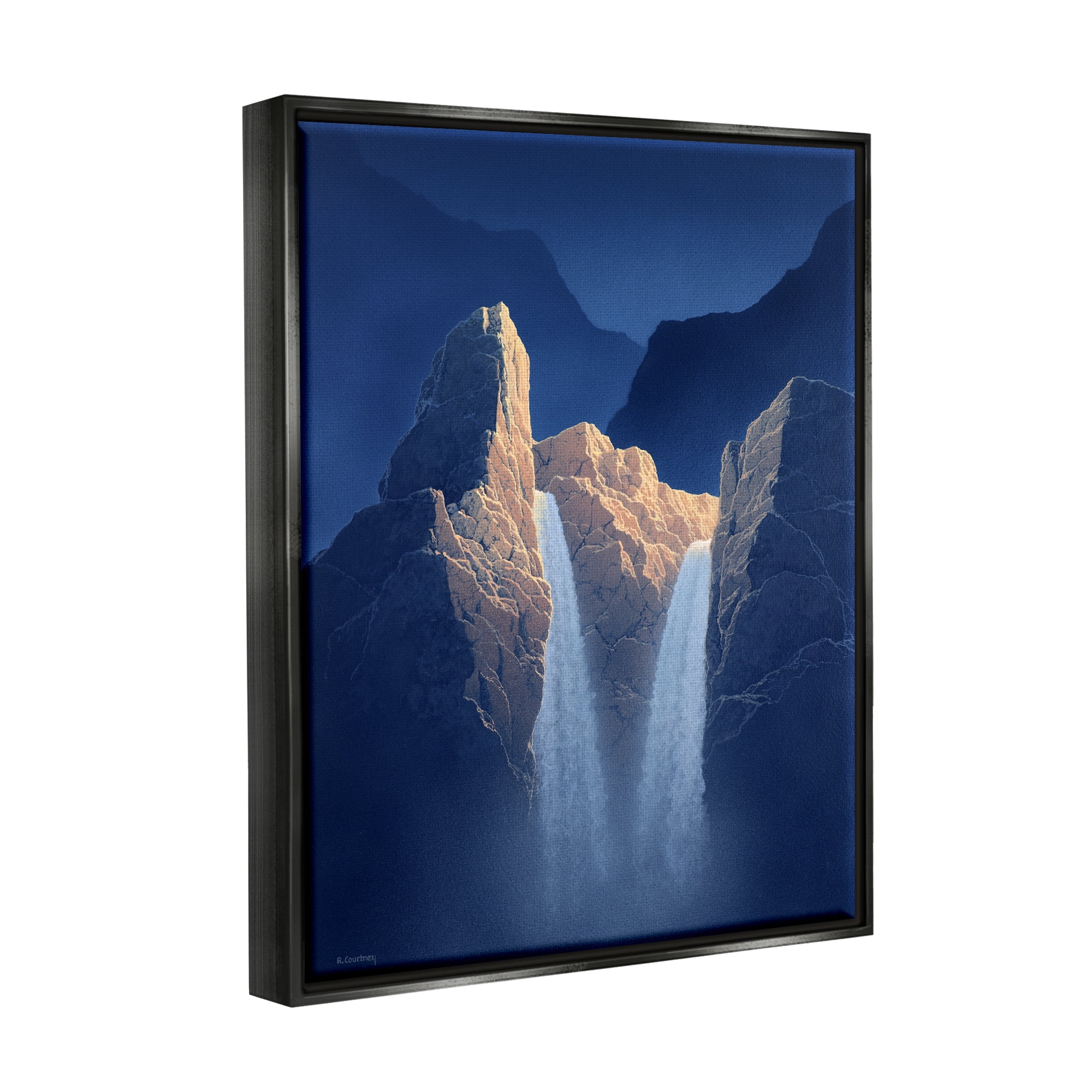 Stupell Two Waterfalls Nighttime Peaks Landscape Painting Black Floater Framed Art Print Wall Art