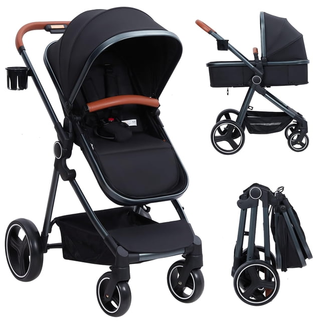 convertible baby stroller, foldable pushchair, newborn reversible bassinet pram with adjustable canopy, aluminum structure, 5-point harness for infant & toddler (black) vista tres cuartos frontal de cochecito negro con manillar y barra frontal marrón, toldo de tres etapas ajustable, cuna/reductor reversible frente o hacia afuera, arnés de 5 puntos visible, estructura de aluminio y cesta inferior; se muestra también plegado compacto, suele emplearse para transporte y viajes.
