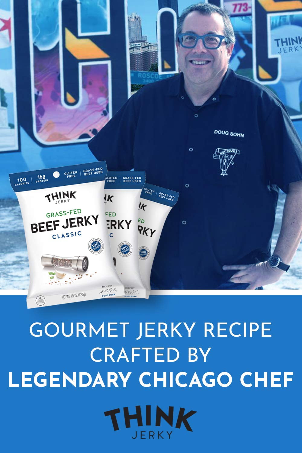 Think Jerky Classic Beef Jerky, Grass-Fed High Protein Beef Jerky, Gluten Free, No Antibiotics or Nitrates, Healthy Chef Crafted Recipe, Low Calorie and Low Fat - 2.2 oz Bags, 8 Pack