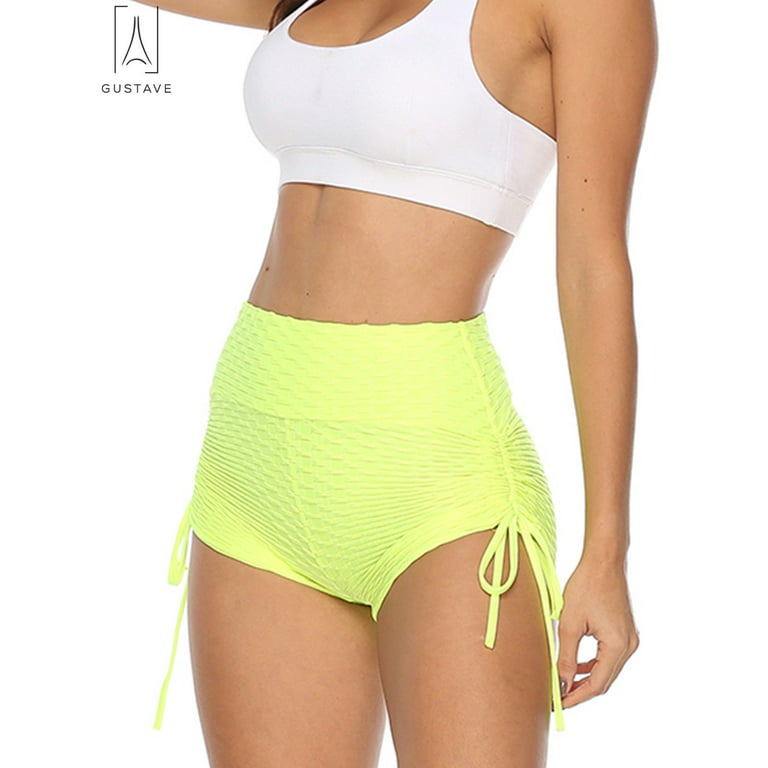 HISKYWIN 5/8 Inseam High Waist Women Yoga Shorts Tummy Control Stretch  Workout Running Shorts with Pockets F18011-Fluorescent Yellow-S at   Women's Clothing store