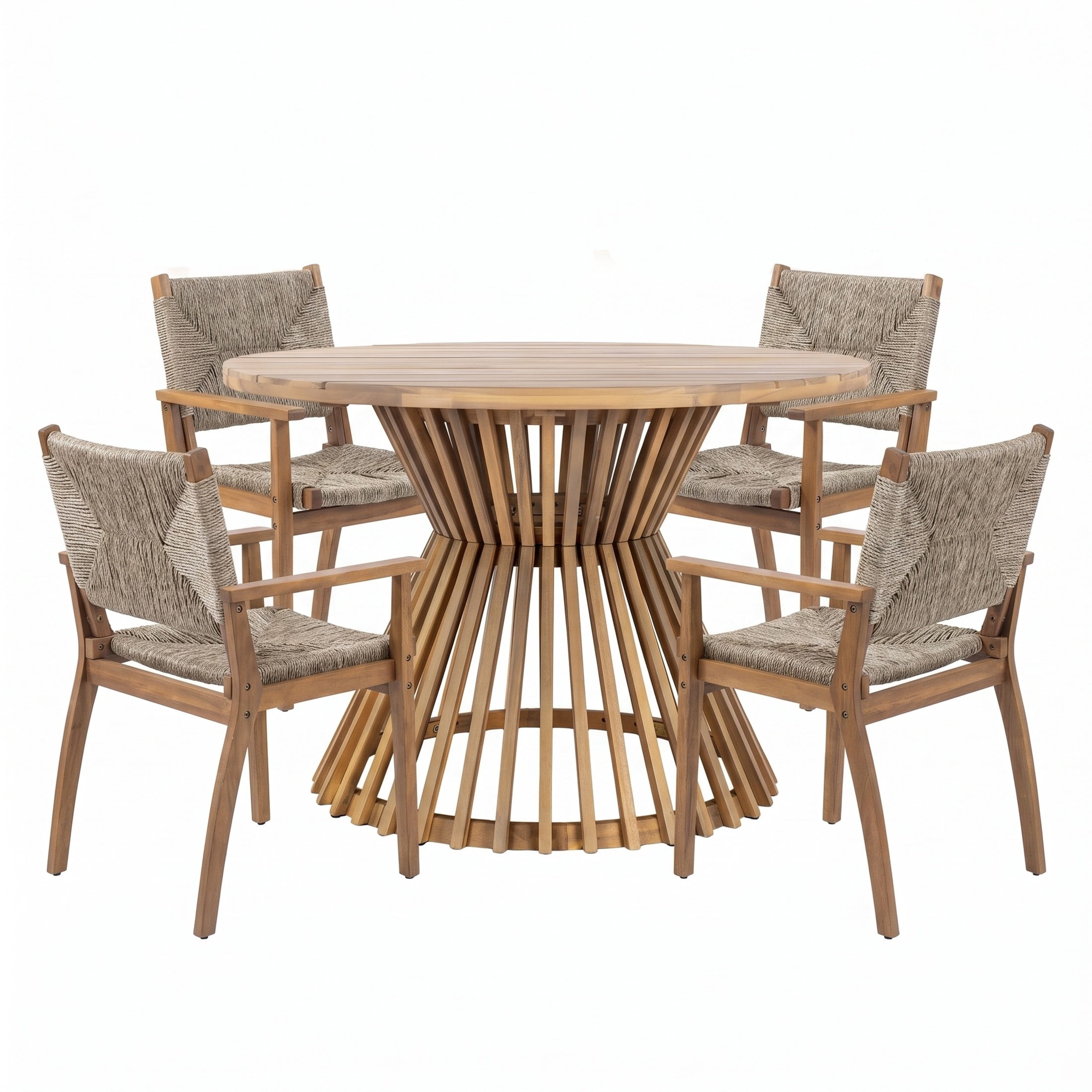 Christopher Knight Home 5-Piece Round Wood Patio Dining Table with Wicker Arm Chairs, Light Teak+Brown