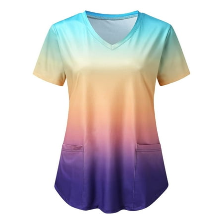 

USSUMA Plus Womens Tops Dressy Casual Women Short Sleeve V-Neck Tops Workwear T-Shirt Tie-Dye Print Cute Gradient Scrub_Top Working Uniform Blouse