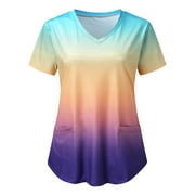 Snorda Women's Scrub Top Fashion Short Sleeve V-Neck Tops Working Uniform Printing Pocket Blouse Tops
