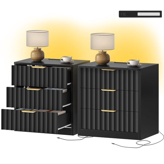Nightstand(Set of 2) with Charging Station and Led Light , Modern Bedside End Table with 3 Drawer, Black