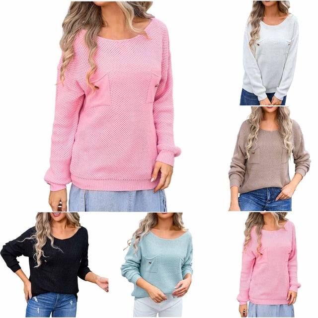 TIMIFIS Chandails Crochet pour Femmes Automne Décontracté Col Rond Ample Chandail à Manches Longues avec Poche