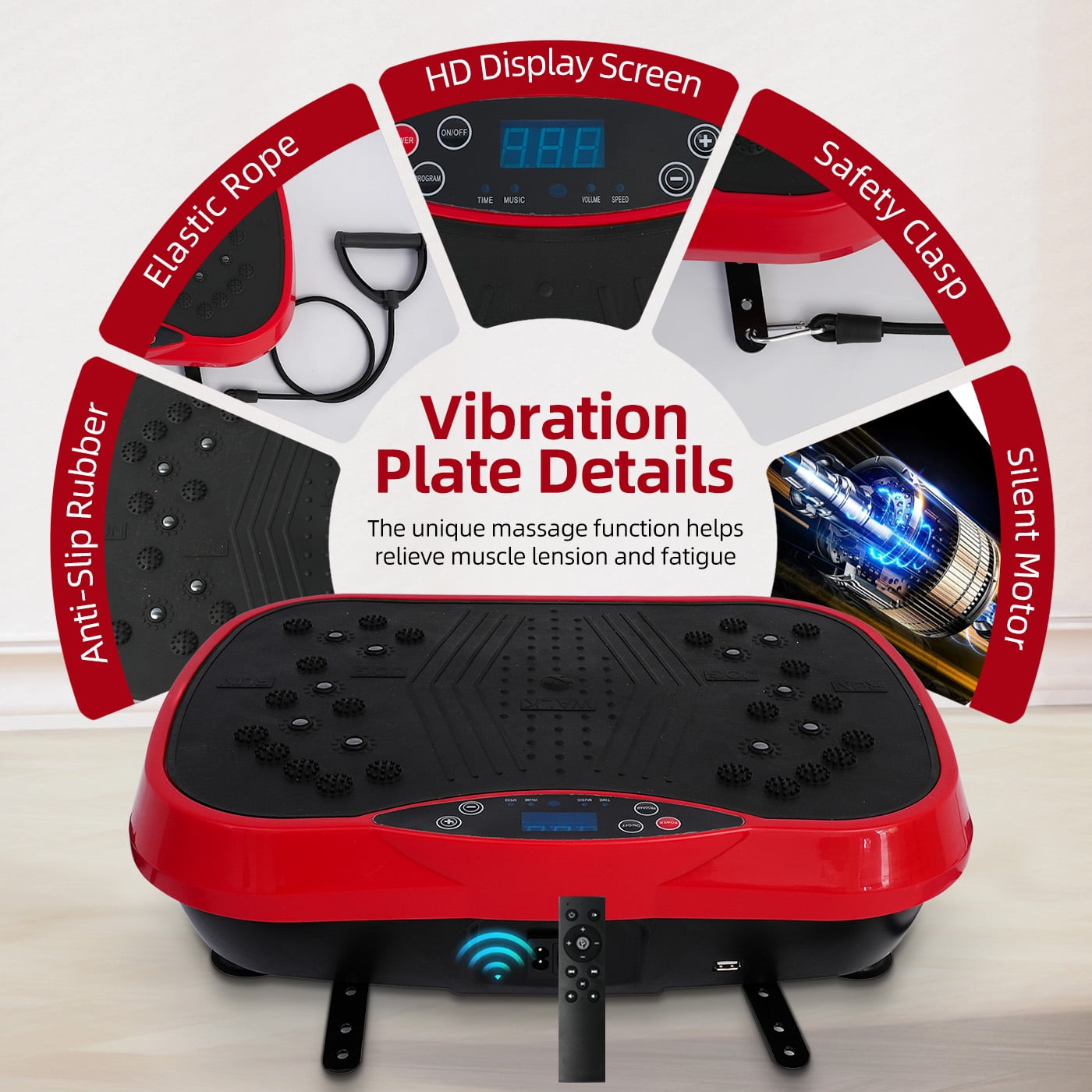 RICAN Vibration Plate Exercise Machine, Vibrating Board, Full Body Workout Platform with Loop Bands & Remote Control for Weight Loss Fat Burner, Red
