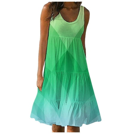 Fsqjgq Summer Dress Corset Dress Party Dress with Sleeves Women Spring And Sleeveless Round Neck Printed Casual Skirt Vacation Beach Skirt Boho Vacation Dresses Women s Casual Tie Waist Dress L