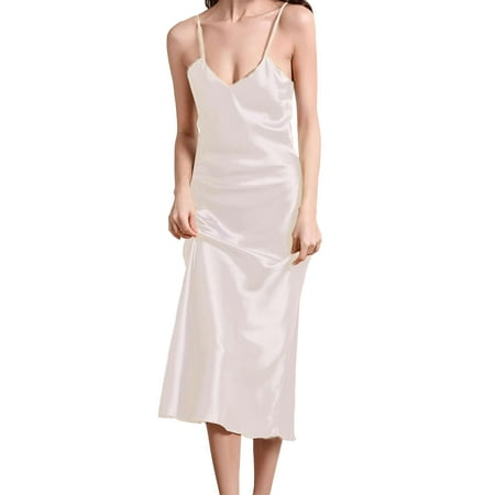 BadPiggies Women Satin Nightgown Lingerie Long Slip Sleep Dress Sexy V Neck Chemise Sleepwear (XL  Champagne)