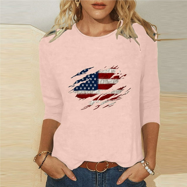 Fridja Liquidation Chemises Drapeau Américain Étoiles Rayures pour Femmes Été 2024 Ample et Confortable Jour de l'Indépendance Imprimé Col Rond Manches Trois-Quarts T-Shirt Haut Extérieur (Rose, S)