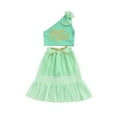 thumbnail image 1 of POINTERTECK Kid Girl Outfits Set One Shoulder Bowknot Crop Tops Letter Printed+Ruffle Skirts inside with Shorts, 1 of 10