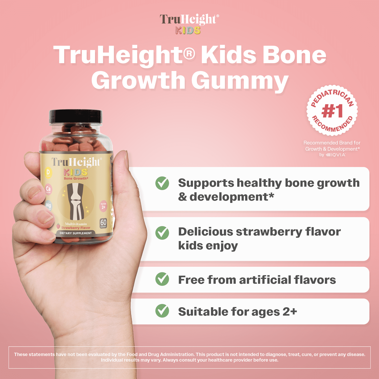 TruHeight Kids Bone Growth Gummies (Strawberry, Ages 2+) All Natural Kids & Toddler Vitamins - Vitamin D, Calcium, K2, Magnesium Multivitamin, Natural Growth & Development, Builds Strong Bones, Vegan