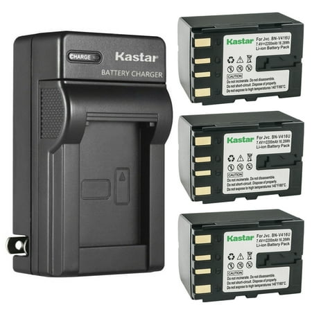 Kastar 3-Pack Battery and AC Wall Charger Replacement for JVC GY-HD100  GY-HD101  GY-HD110  GY-HD111  JY-HD10  JY-HD10U  JY-VS200 Camera  JVC BN-V408  BN-V416  BN-V428 Battery  JVC AA-V40 Charger