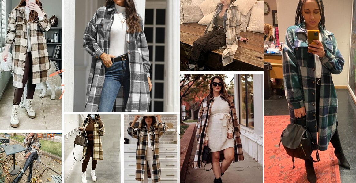 Fantaslook Flannel Shirts for Women Button Up Plaid Shirt Long Pocketed Shacket Jacket Coat