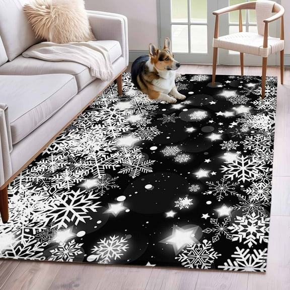 Black Christmas Snowflakes Area Rug 4x6 Washable Rug Non Slip Xmas Winter Textured Large Area Rug Indoor Floor Carpet for Entryway Bedroom Kitchen Living Room Home Office Dining Room Nursery