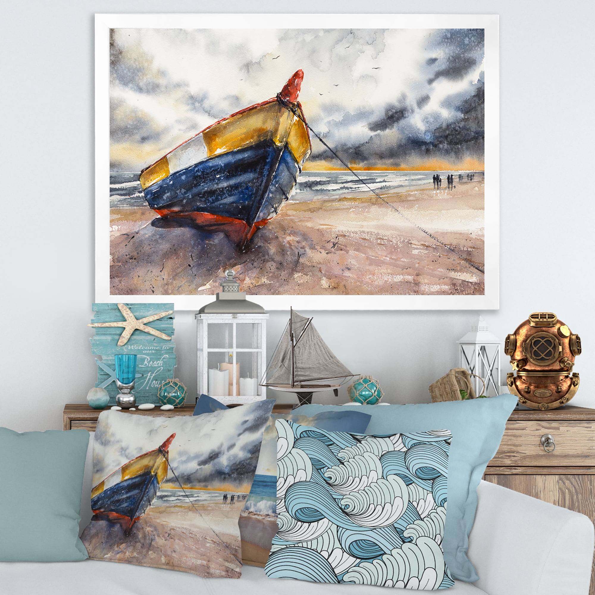 Designart 'Wooden Boat On The Baltic Shores At Evening Glow' Nautical & Coastal Framed Art Print