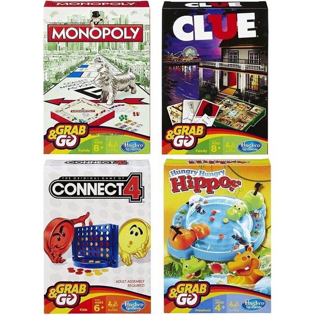Grab and Go Set of 4 Travel Size Classic Board Games Includes Clue, Hungry Hungry Hippos