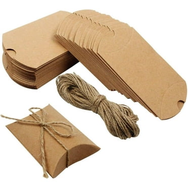WODJR 100 Pcs Pillow Boxes Kraft Pillow Boxes Small Gift Boxes Wedding Gift Boxes Brown Paper Pillow Boxes Candy Party Favor Boxes Treat Boxes with Jute Twine for Wedding Birthday, 3.5 x 2.3 x 1 in