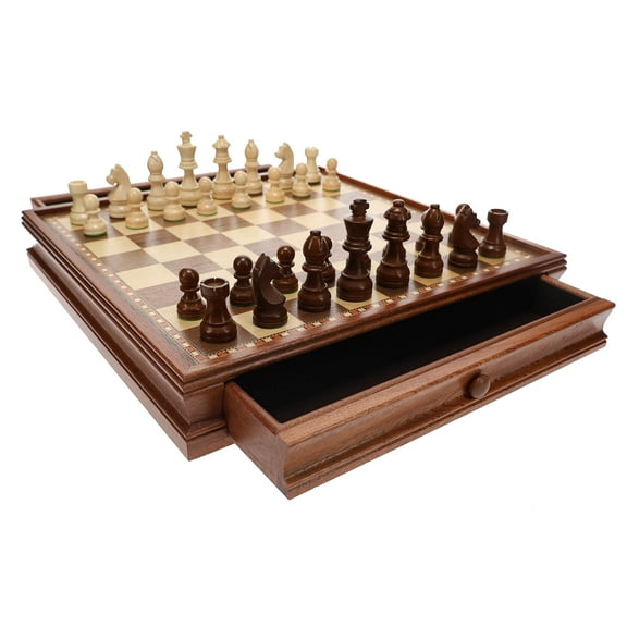French Staunton Wood Chess & Checkers Set, 15 inch Board with Storage