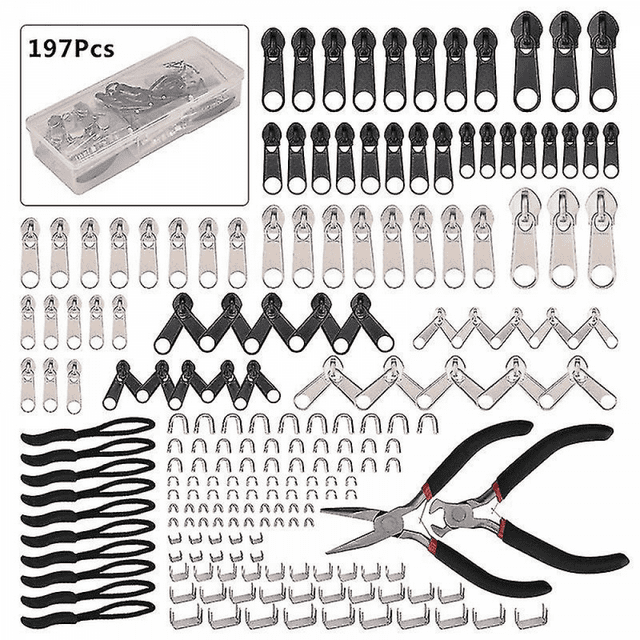 Ensemble de Réparation de Fermeture Éclair 197 Pcs, Accessoires Universels de Remplacement pour Fermeture Éclair avec Pince pour Sacs Vestes