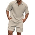 thumbnail image 2 of Mens 2 Piece Outfits 2026 Waffle Quarter Zip Short Sleeve Polo Shirts Bermuda Shorts Matching Set Textured Beach Set Khaki L, 2 of 5