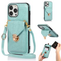 Allytech Crossbody Wallet Case for iPhone 13 Pro Max 6.7" 2021, PU Leather Handbag Purse Bracket Kickstand Card Pocket Adjustable Detachable Necklace Lanyard Buckle Protective Cover for Women, Green