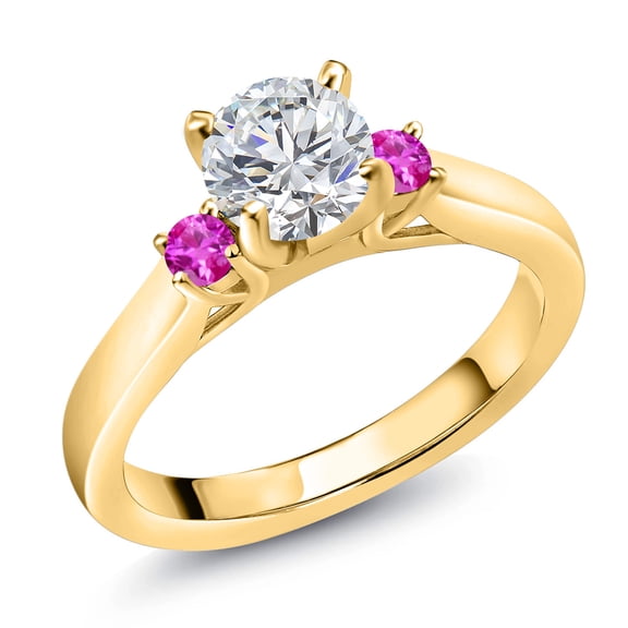 Gem Stone King 18K Yellow Gold Plated Silver Lab Grown Diamond and Pink Sapphire Engagement Ring for Women | 0.84 Cttw | Round 6MM | Gemstone April Birthstone | Size 8