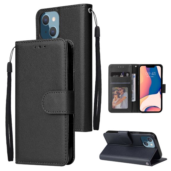 Compatible for iPhone 14 Wallet Case with Premium PU Leather Card Slots Holder Photograph Slot Cover, Soft Silicone Shockproof Magnetic Clasp Kickstand Wrist Strap Flip Folio Case,Black