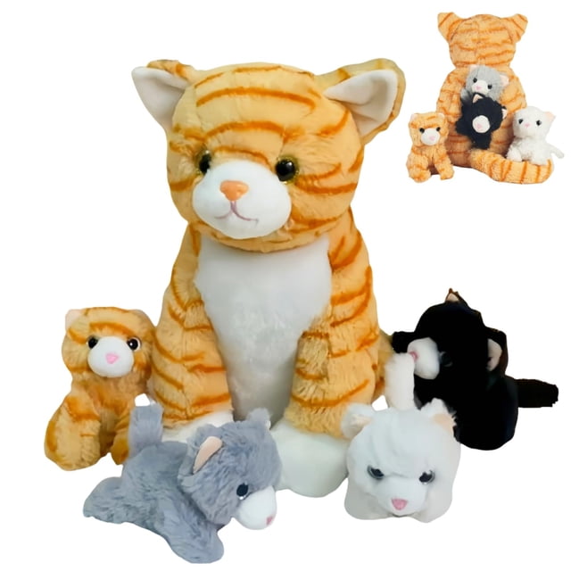 Gato de peluche con bebés dentro de mamá embarazada, naranja
