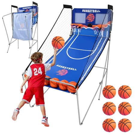 81 Foldable Basketball Arcade Game Electronic Dual Shot Basketball Games Indoor Outdoor Basketball Game Machine with 8 Game Options 6 Balls LED Scorer Steel Frame Inflation Pump for Home