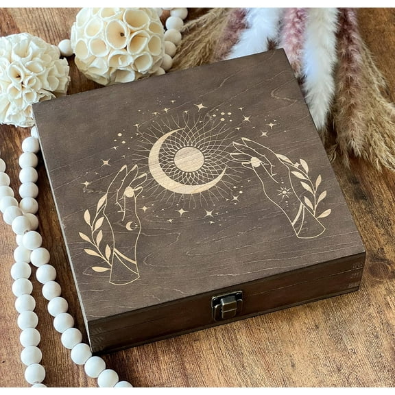 Crystal Storage Box Mystery Box Sun And Moon Box Witchy Gifts Crystal Box Storage Crystal Organizer 5th Anniversary Gift 8.5 x 8 x 2.5 in. Dark Walnut