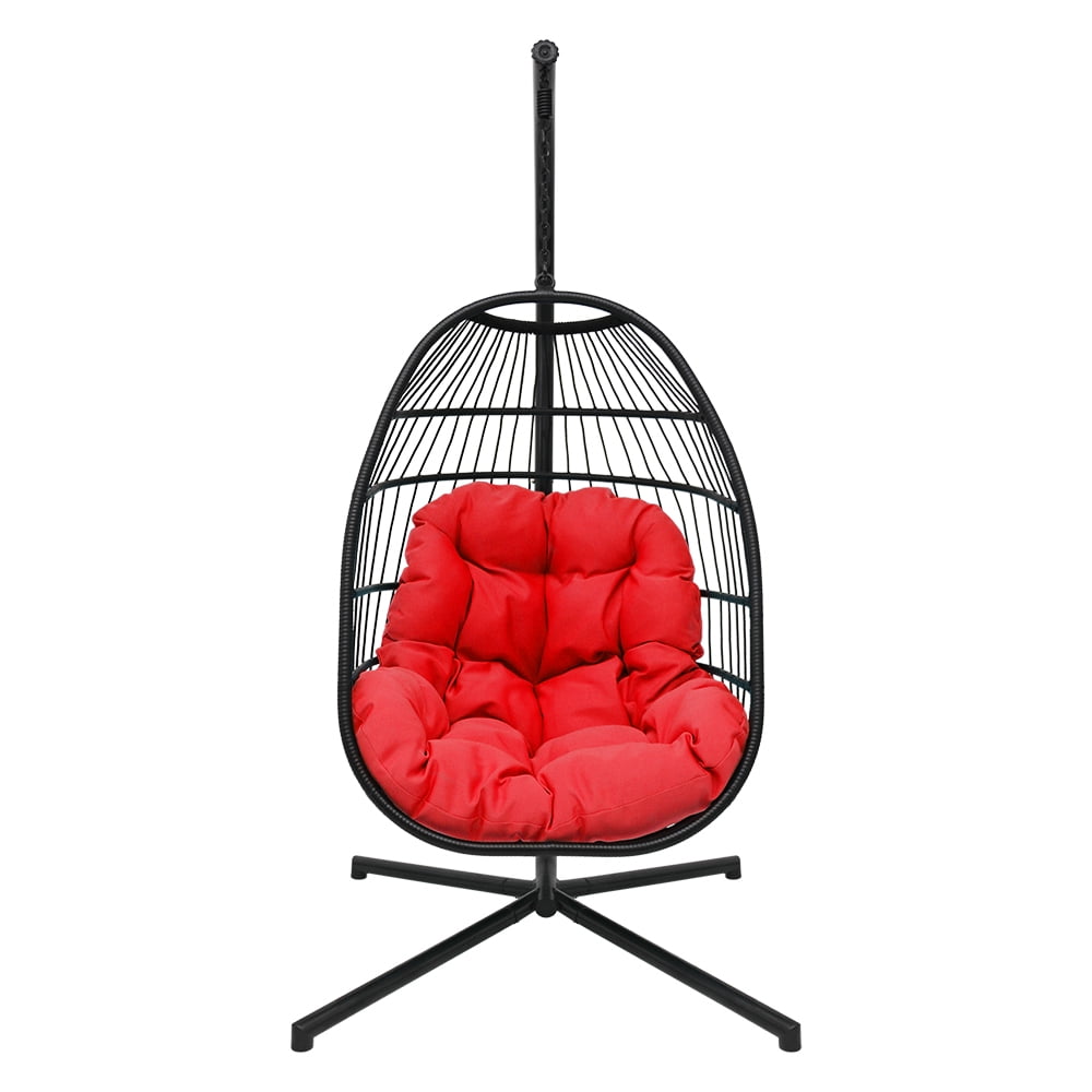 Abble Outdoor Wicker Hanging Basket Swing Chair with Cushion and Stand - Black & Red