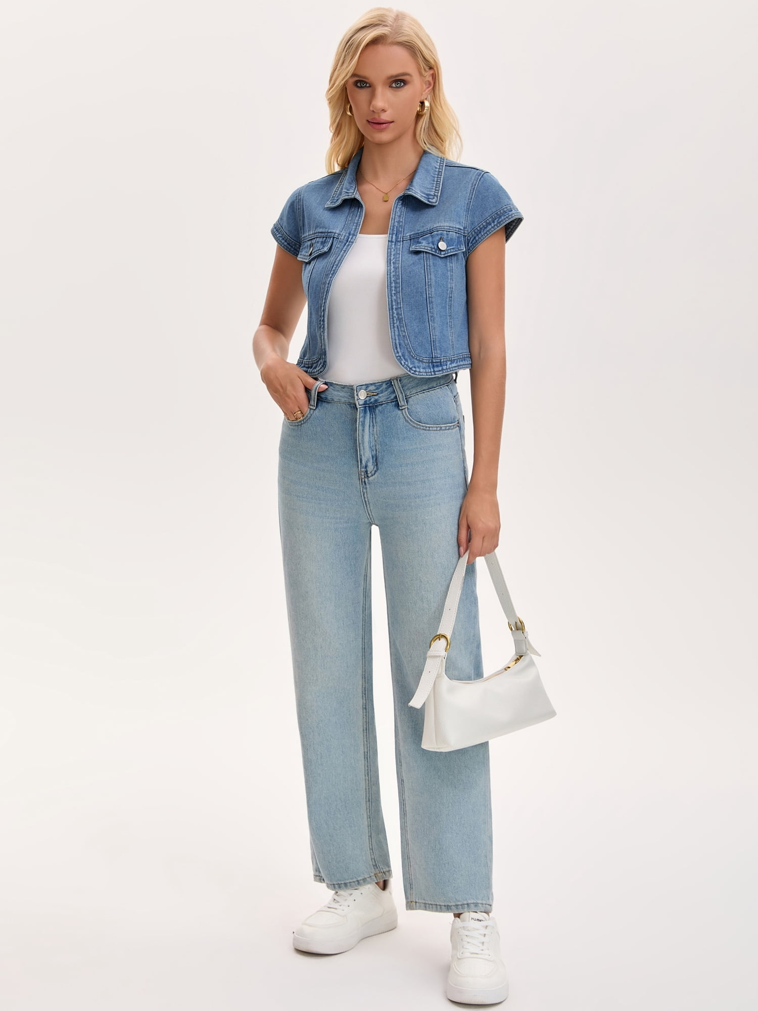 DARING DIVA Women's Cap Sleeve Shrug Collared Open Front Jean Jacket L Blue