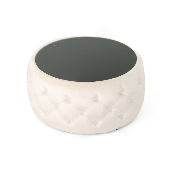 Benjara Ottoman Coffee Table- Beige Tufted Velvet- 30" Round Glass Top