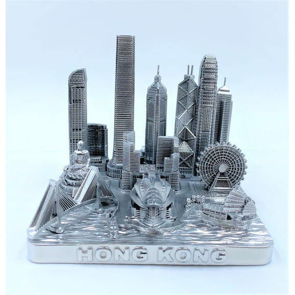 Hong Kong 3D City Famous Building Model Statue Souvenir Decoration for Home Office Silver 4”