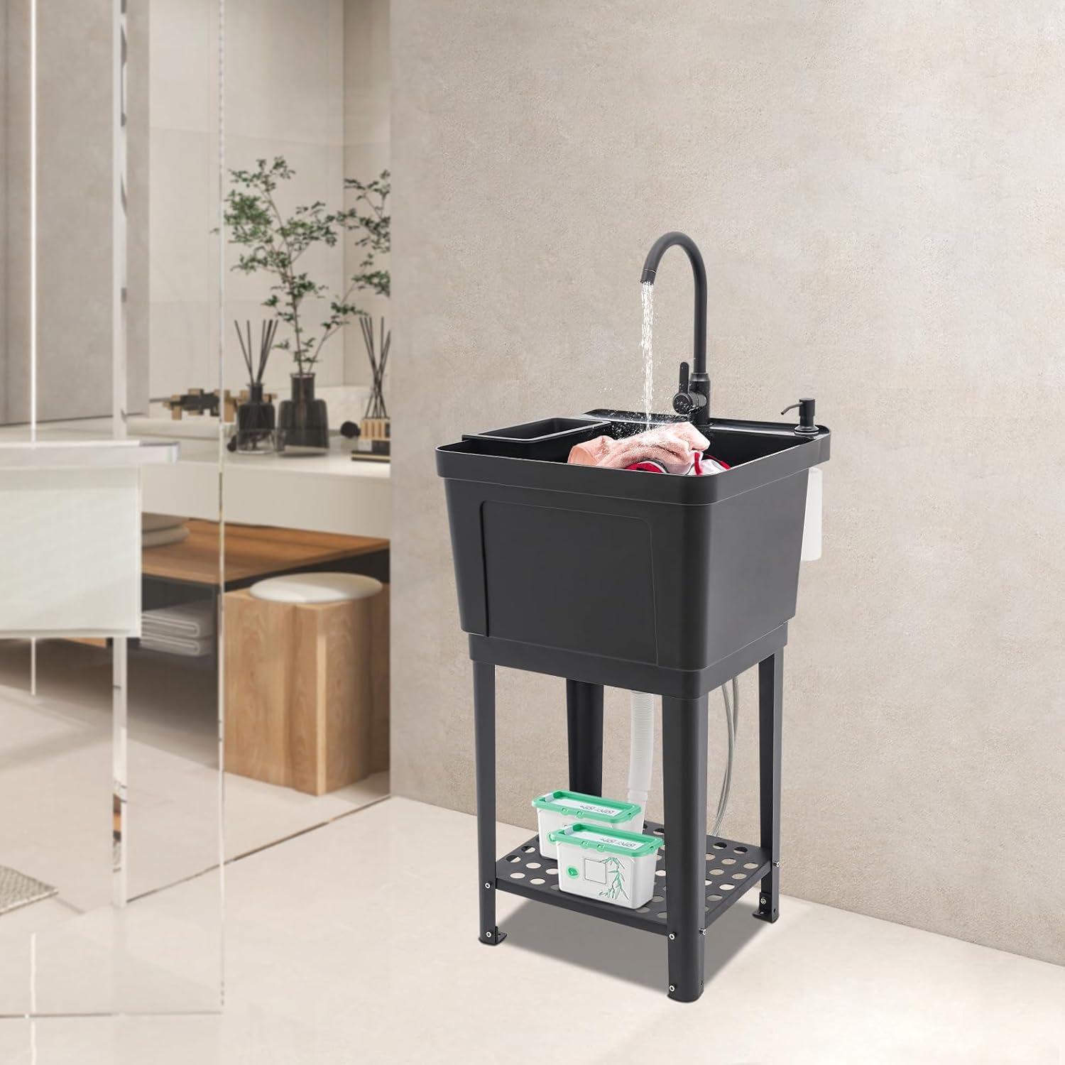 Miumaeov Utility Sink Freestanding Laundry Tub Single Bowl Utility Sink with Faucet Soap Dispenser for Laundry Room Bathroom Garage Kitchen