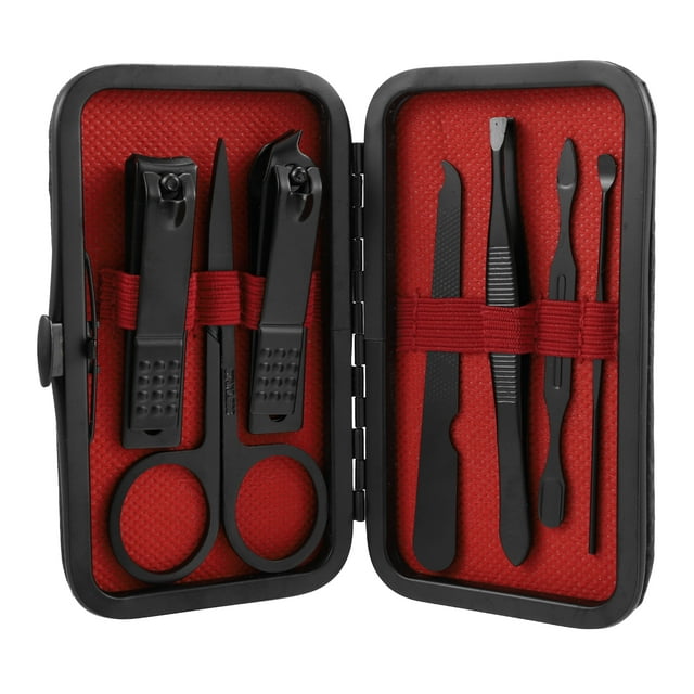Unique Bargains 1 Set Manicure Set Professional Nail Pedicure Kit in black stainless steel, displayed in an open synthetic leather case with a red interior. The kit includes nail clippers, scissors, tweezers, and other grooming tools secured with elastic bands. Compact and lightweight, ideal for travel or everyday use.