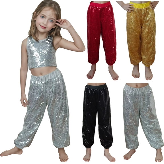 RTKFRFLM Kids Shiny Sequin Joggers Metallic -Hop Performance Harem Pants Silver 5-6 Years