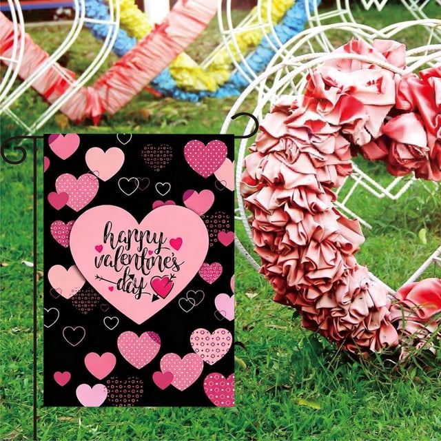 Garden Flag 12x18 Inches Pinks Heart Patterns Valentines's Day Patio Flag Linen Banners Verticals Double-sided Suitable For Farmhouses Outdoor Use