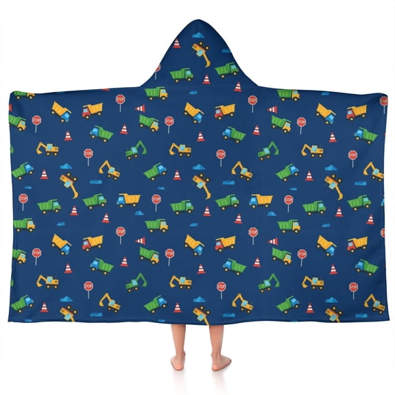 Cartoon Construction Vehicles Trucks Hooded Bath Towel,50"x30" for Ages 3 To 12 Kids, Quick Dry Lightweight Soft Microfiber Hood Beach Towel Cover Up for Kids