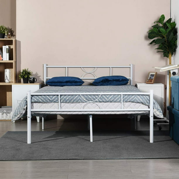 Aingoo Queen Size Metal Bed Frame With, Queen Size White Metal Bed Frame