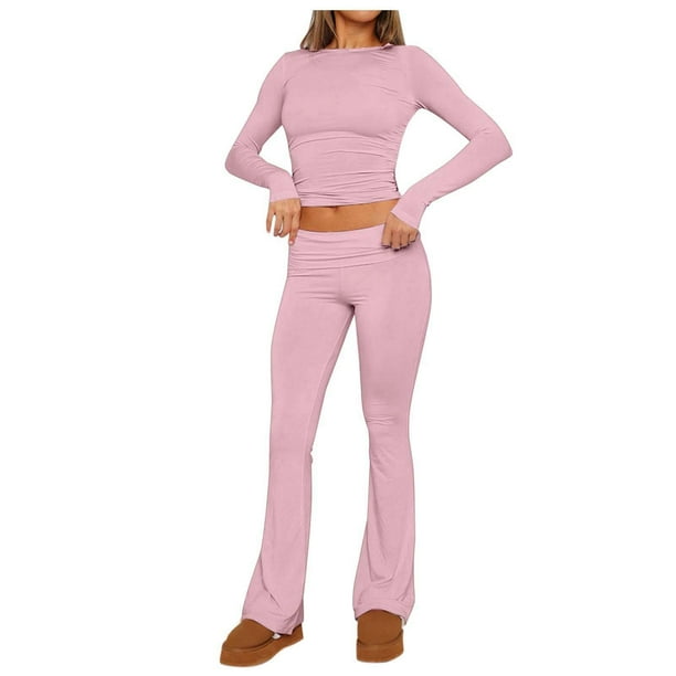 Conjunto informal de mujer de camiseta de manga larga y leggings acampanados de cintura baja - 92 % mezcla de viscosa, ajuste elástico, yoga/lounge/comodidad para todo el día