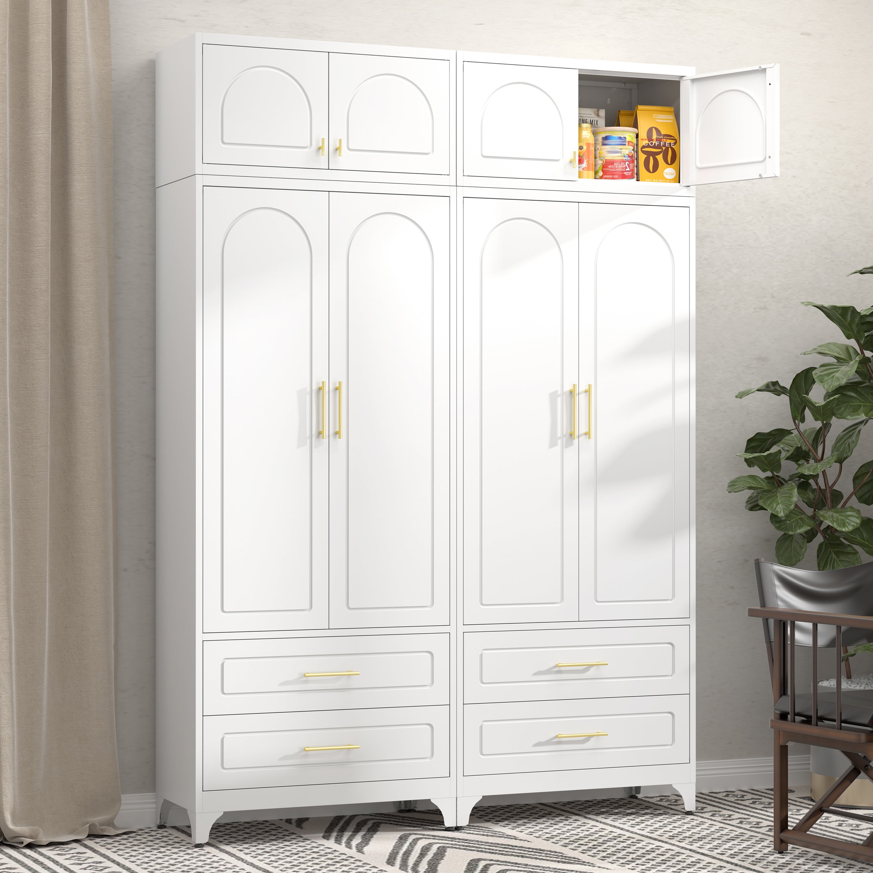 Polup 90" Tall Pantry Cabinet with Two Drawers, Kitchen Metal Storage Cabinets with Doors and Shelves,White, Assembly Required