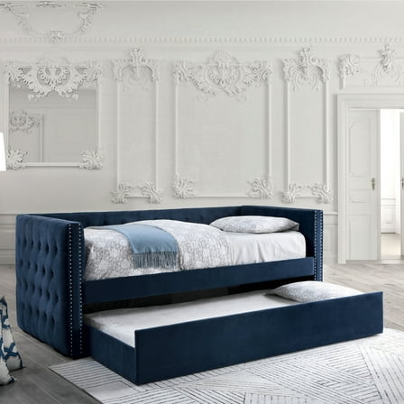 Furniture of America Poppe Flannelette 2-Piece Twin Daybed With Trundle Set up to 200 lbs, Navy