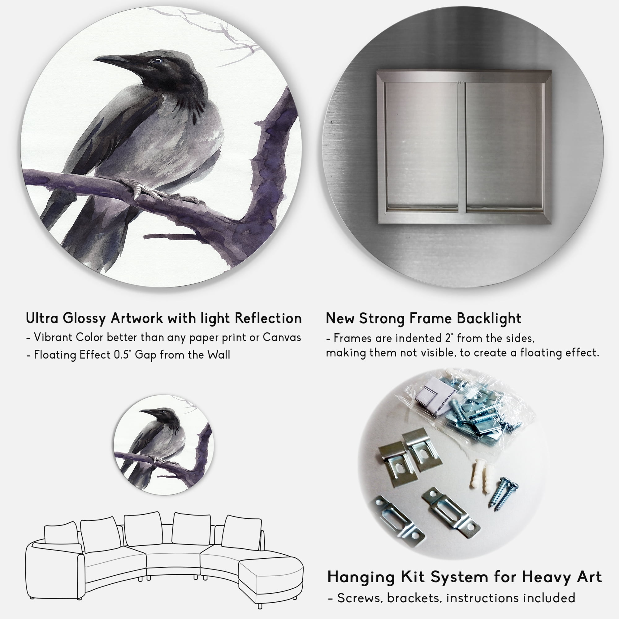 Designart 'Big Crow Sitting On A Branch' Traditional Circle Metal Wall Art 11x11 - Disc of 11