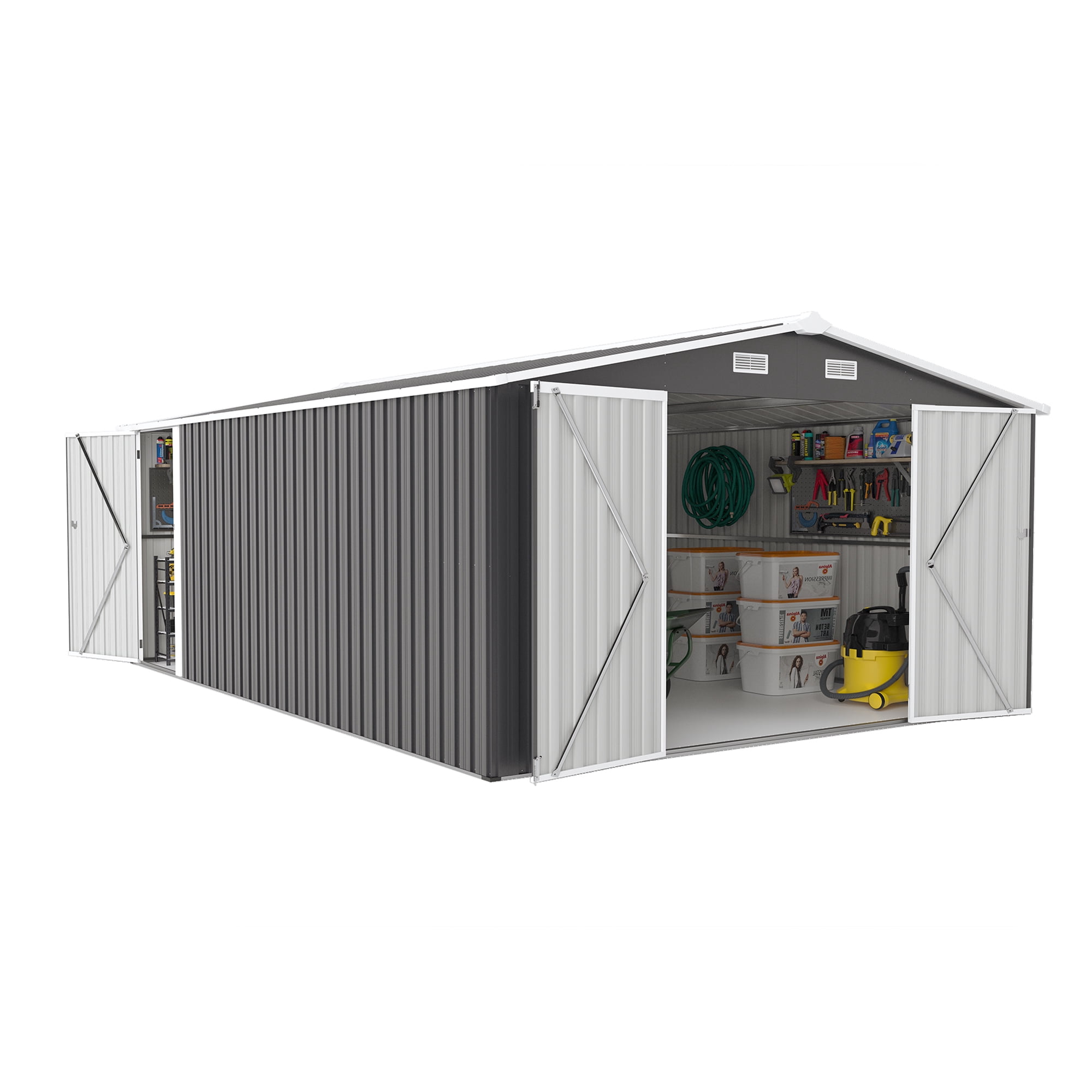 Campcraft 10x14ft Outdoor Storage Shed with 3 Lockable Doors - Heavy Duty Metal  Garden Shed,commercial-grade, triple door,fits riding mowers , Waterproof for Backyard/Patio (Dark Grey)