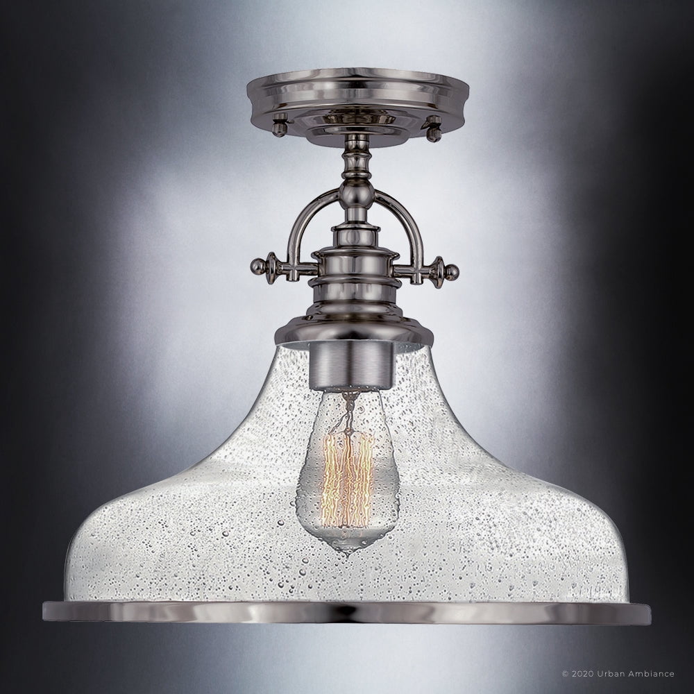 Luxury Traditional Indoor Ceiling Light, 12.50''H x 13.50''W, with Classic Style Elements, Vintage Design, Brushed Nickel Finish and Clear Seeded Glass, UQL3669