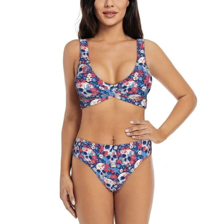 Zeuib daisy Skull red flower High Waisted Tummy Control Bikini Set - Knot Front Push Up Top & Cheeky Thong Bottom  Two-Piece Swimsuit for Women-Large