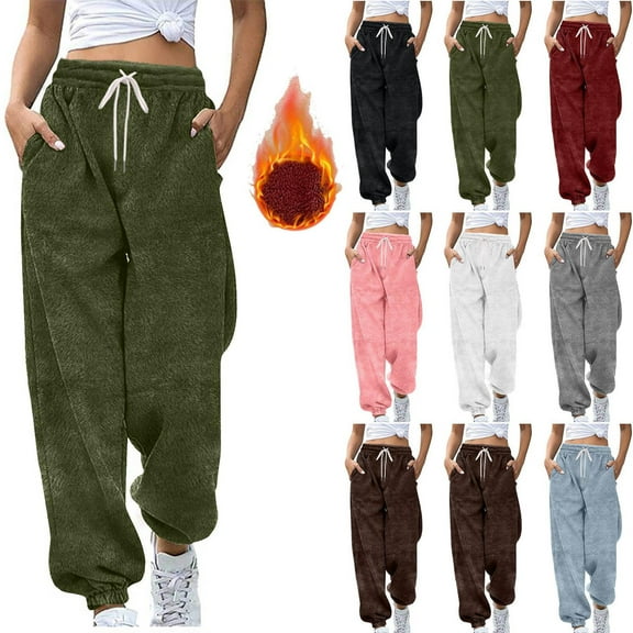 Admvng Sweatpants Women Winter Casual Solid Fleece Drawstring Elastic Waist Pockets Joggers Cuffed Ankles Pants, Size S-2XL