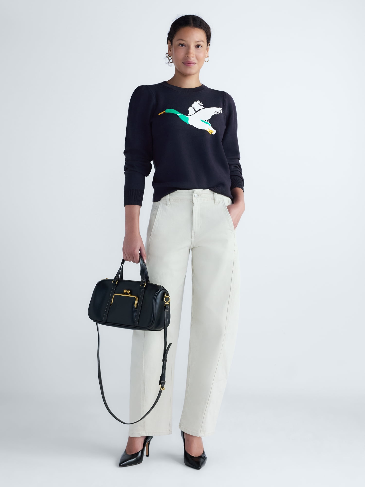 Free Assembly Women's and Women's and Women's Plus Pullover Sweater with Puff Sleeves, Midweight, Sizes XS-4X